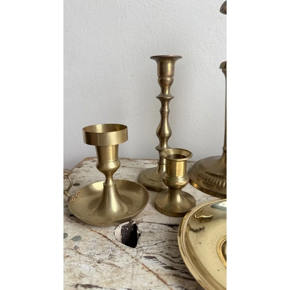 Vintage Brass Candlestick Holder Set Mixed Lot Portugal India Hong Kong 7pc